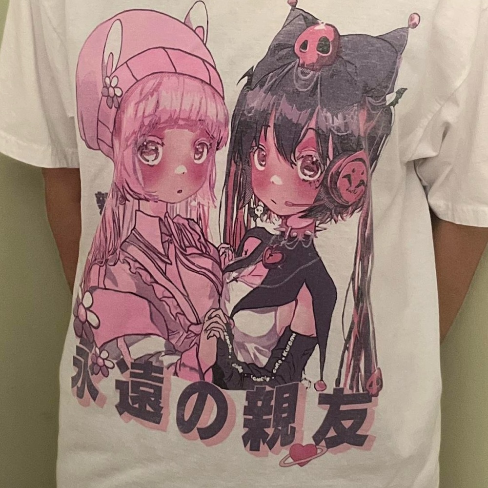 Anime Graphic T-Shirt - White and Pink